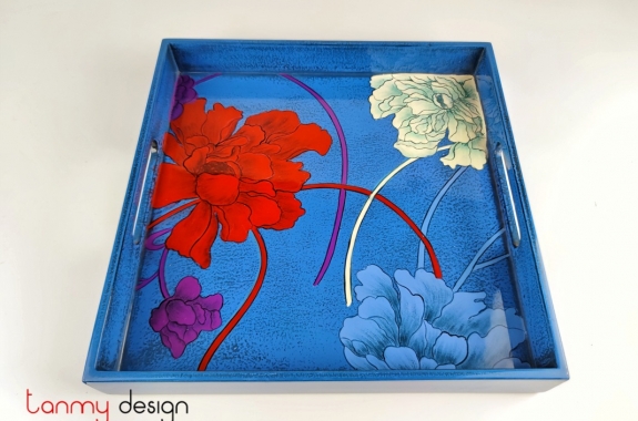 Blue square lacquer tray hand-painted with carnation 28 cm